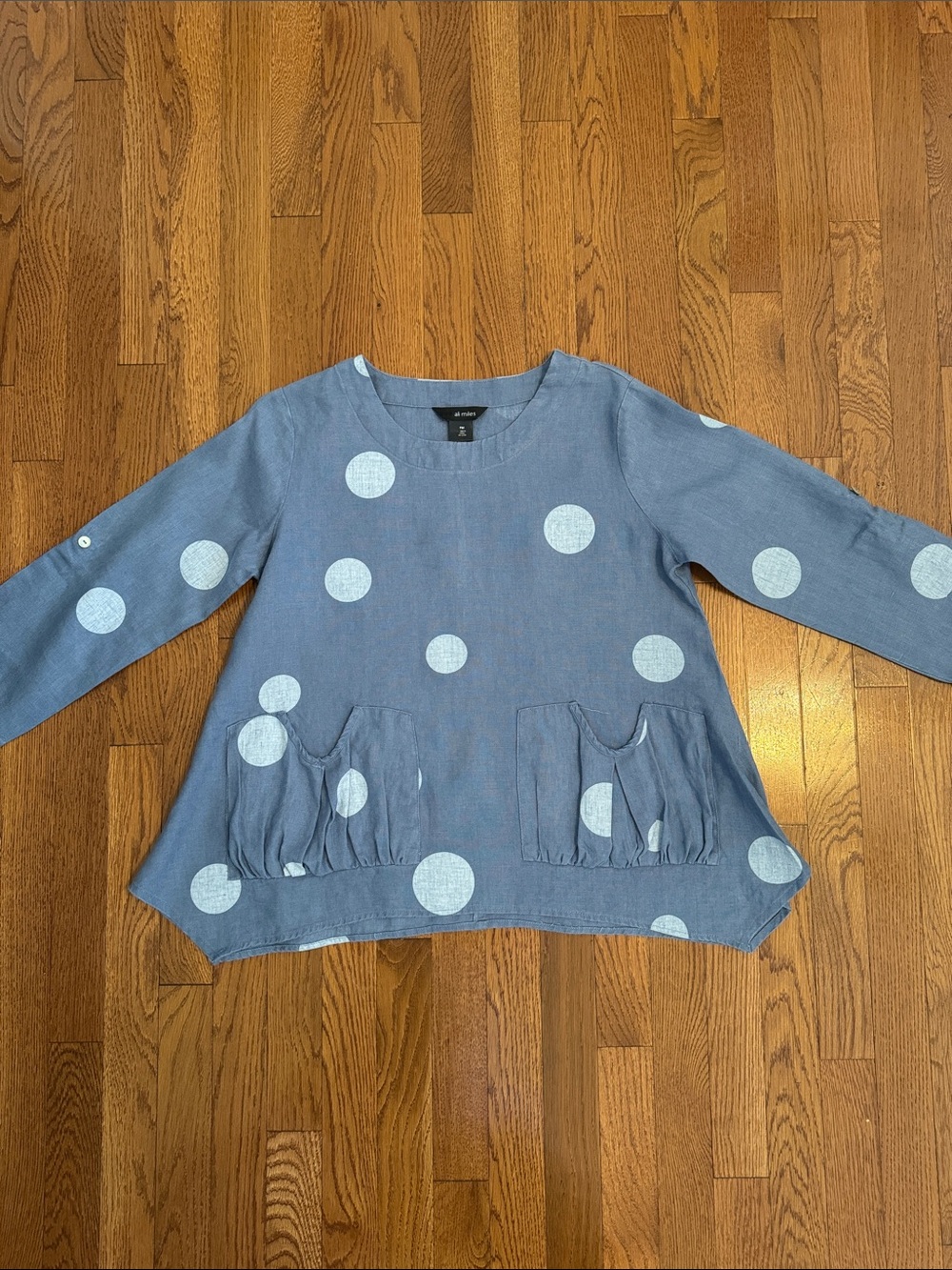 Ali Miles Blue Polka Dot Long-Sleeve Top with Ruffle Pockets